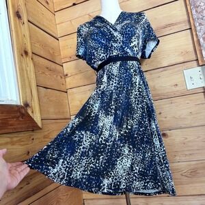 Vintage DKNY Wrap Dress Womens Medium Blue Black Abstract Watercolor Midi Event